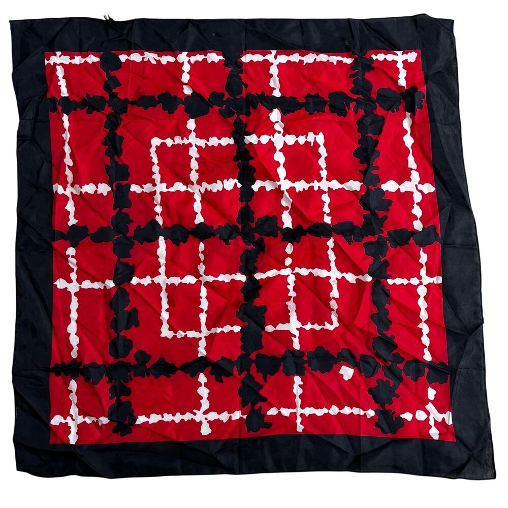 Vintage 26" square scarf silky acetate red black white mod geometric w/FLAW